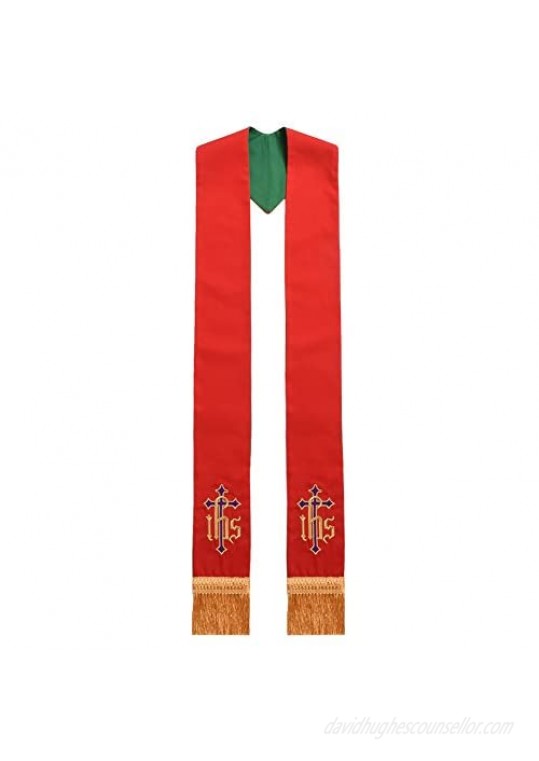 BLESSUME Church Priest Reversible Stole IHS Crown Pastor Mass Stole (Red and Green)