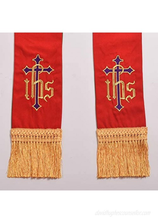 BLESSUME Church Priest Reversible Stole IHS Crown Pastor Mass Stole (Red and Green)