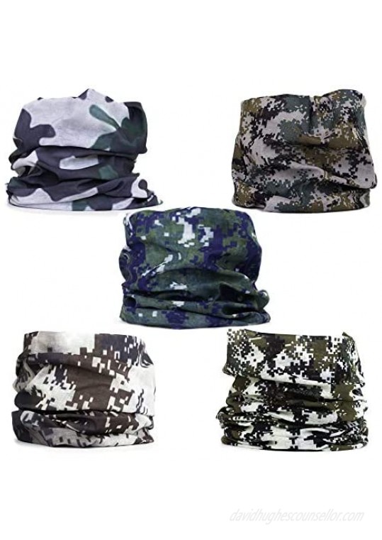 ShieldSolo Camo Neck Gators Mouth Cover - Camo Neck Gaiter and Camo Bandanas Head Wrap Neck Gaiter for Motorcycling  Hunting  Fishing  Hiking  5 Pack