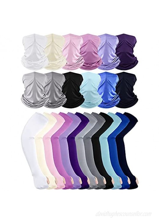 12 Sets UV Protection Face Covering Neck Gaiter Scarf and Ice Silk Cooling Arm Sleeves UV Sun Protection Cooling Sleeves  Summer Face Bandana Sunscreen Arm Covers Sets for Outdoor Sports  12 Colors