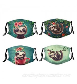 4 Pcs Cute Baby Sloth With Beautiful Floral Flower Mother And Child Face Mask With Filter Pocket Reusable Washable Breathable Anti-Dust Wind Sun-Proof Fashion Balaclava For Adult