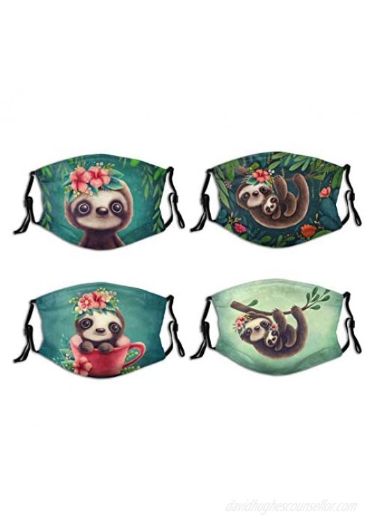 4 Pcs Cute Baby Sloth With Beautiful Floral Flower Mother And Child Face Mask With Filter Pocket Reusable Washable Breathable Anti-Dust Wind Sun-Proof Fashion Balaclava For Adult