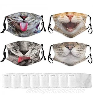 4Pcs Face Mask with 8 Filters Pocket Washable Reusable Funny Cat with Tongue Face Bandanas for Women Men Made in USA