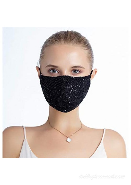 4Pcs Fashion Face Mask Sequin Glitter Bling Cover Nose Mouth Washable Reusable Masks for Women (Black+White+Pink+Blue)