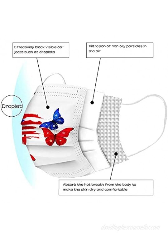 50PCS Adults Butterfly Printed Disposable 3-Ply Fashion Face Coverings for Outdoor Office American Flag