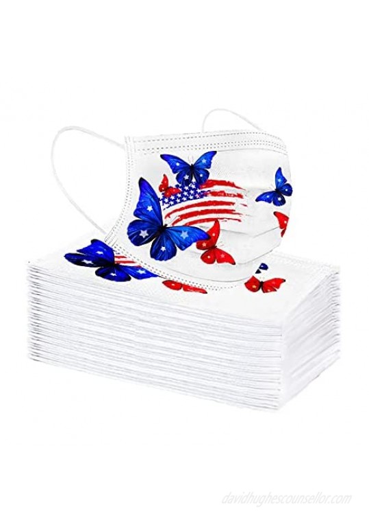 50PCS Adults Butterfly Printed Disposable 3-Ply Fashion Face Coverings for Outdoor Office  American Flag