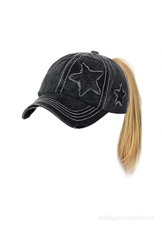 C.C Ponycap Messy High Bun Ponytail Adjustable Glitter Star Distressed Baseball Cap Hat