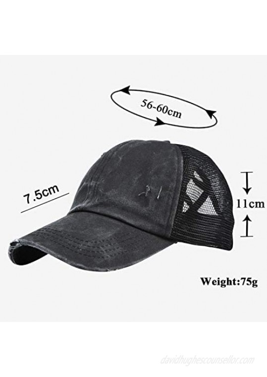 High Ponytail Hole Baseball Hats Cap for Women Messy Bun Hat Adjustable Cotton and Mesh Trucker Baseball Sun Cap Black