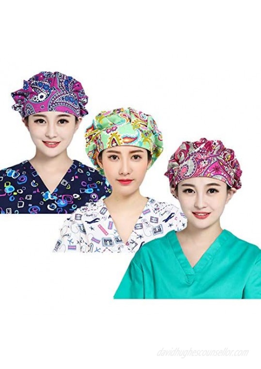 LTifree 3pc Women's Adjustable Bouffant Caps Hats Working Cap Sweatband Value Set Multi Color