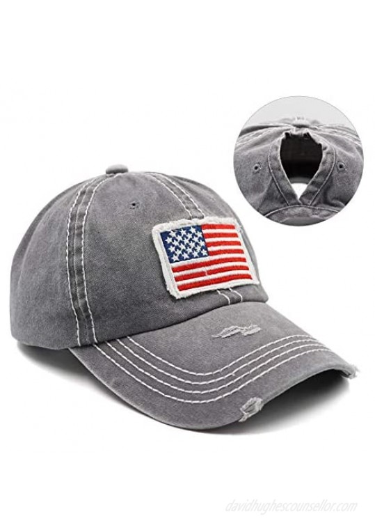 Lvaiz Womens Distressed Ponytail Baseball Caps Low Profile America Flag Messy High Bun Hat Pony Dad Hat