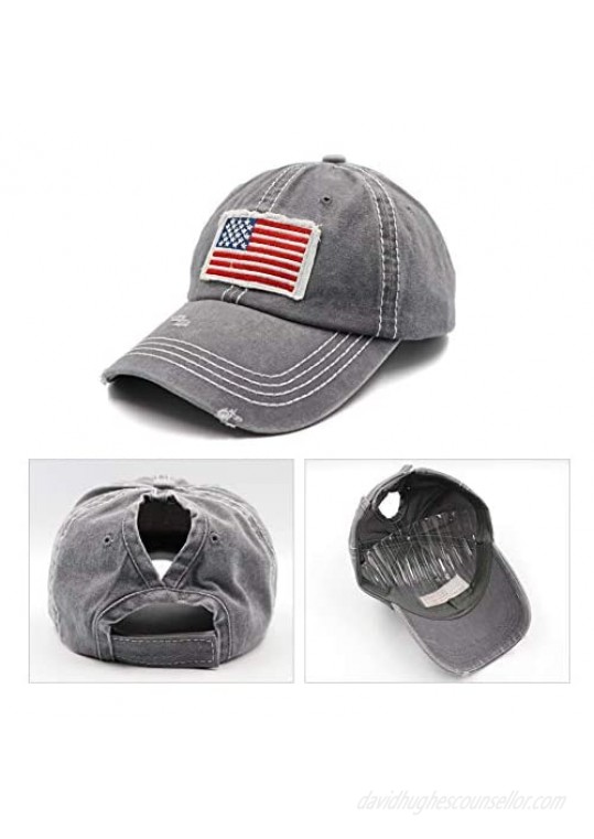 Lvaiz Womens Distressed Ponytail Baseball Caps Low Profile America Flag Messy High Bun Hat Pony Dad Hat