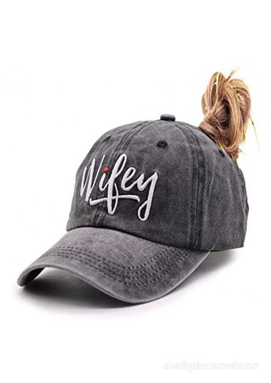 MANMESH HATT Embroidered Wifey Ponytail Hat Vintage Washed Adjustable Denim Baseball Cap for Women
