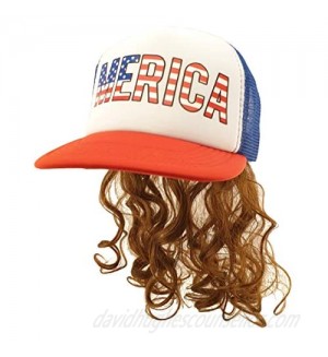 USA Mullet Hat Brown Wig Merica Redneck 4th of July All American Costume