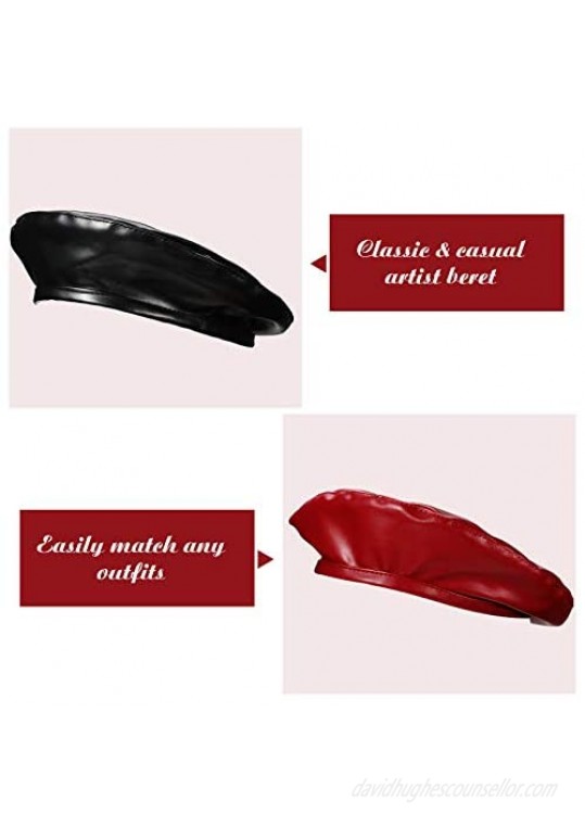 2 Pieces Women PU Leather French Black Red Beret Hat Causal Beanie Hat for Ladies and Girls