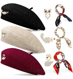 3 Sets Wool Beret Hat French Artist Beret Beanie Hats with Square Satin Neck Head Scarf Rhinestone Brooch for Women Accessories