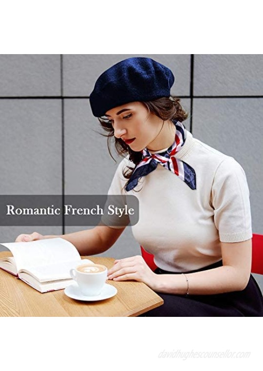 4 Sets Wool Beret Hat French Artist Beret with Square Satin Neck Scarf Beret Beanie Hats Silk Feeling Neck Head Scarf for Women