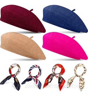 4 Sets Wool Beret Hat French Artist Beret with Square Satin Neck Scarf  Beret Beanie Hats Silk Feeling Neck Head Scarf for Women