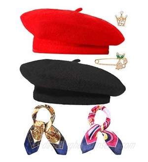 6 Pieces Wool Beret Hat Solid Color French Beanie Hat with Silky Scarf Brooch