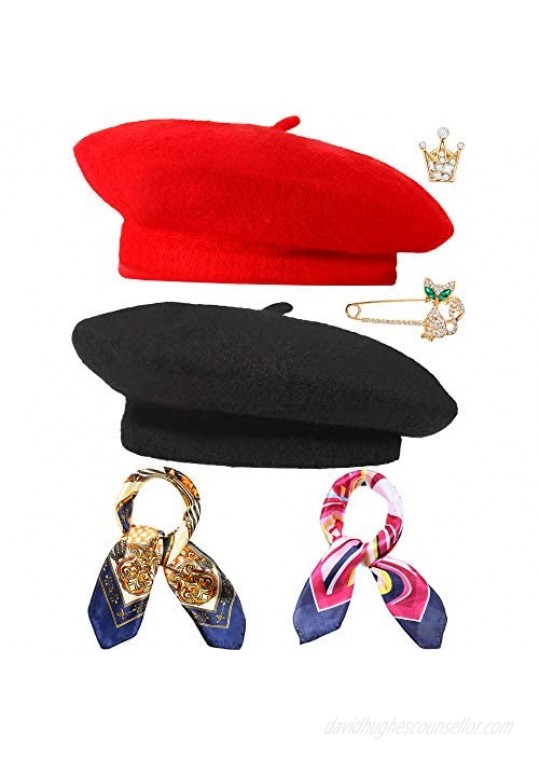 6 Pieces Wool Beret Hat Solid Color French Beanie Hat with Silky Scarf Brooch