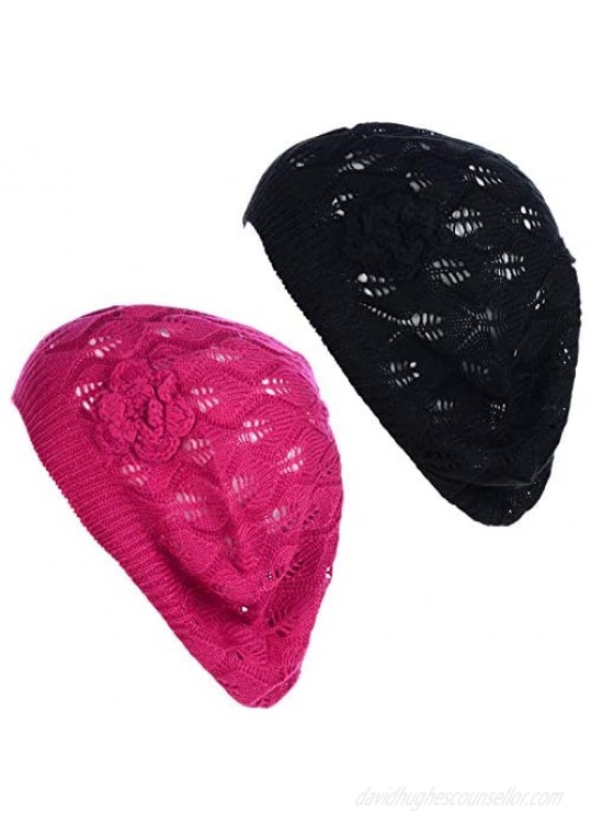 an Open Weave Womens Crochet Mesh Beanie Hat Flower Fashion Soft Knit Beret Cap