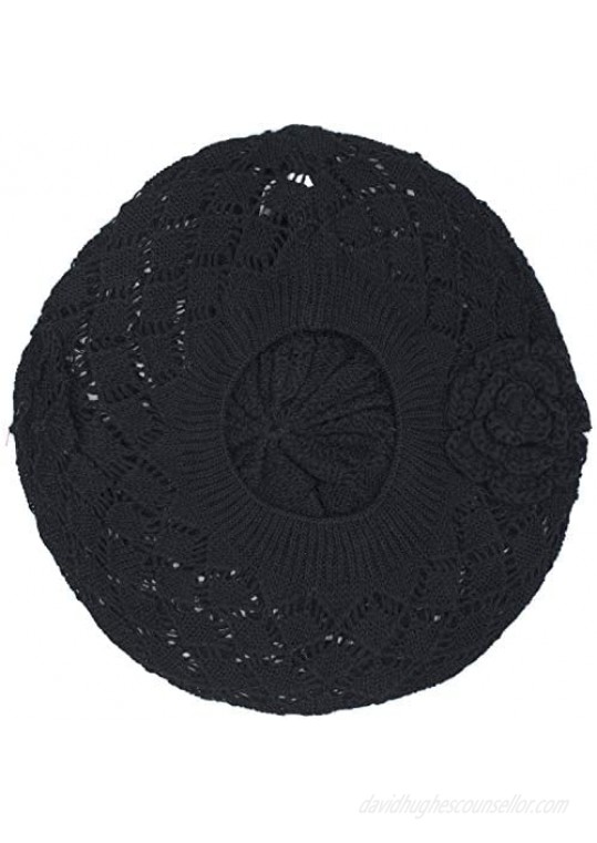 an Womens Crochet Flower Beanie Hats Lightweight Cutout Knit Beret Fashion Cap