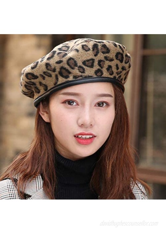 Ayliss Women Leopard Print Beret French Style Barret Hat Wool Warm Hat Cap Warm French Beanie