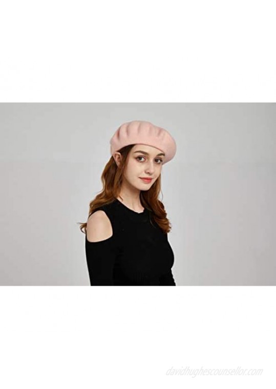 BESHAT Women Berets Wool French Solid Color Beanies Hat Lightweight Warm Casual (Pink)