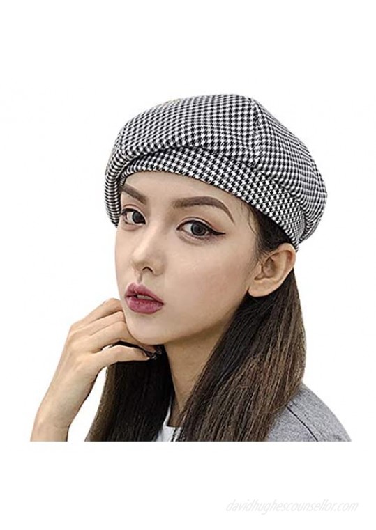 Clecibor Blend Houndstooth Print Beret Elastic French Style Painter Hat Cap
