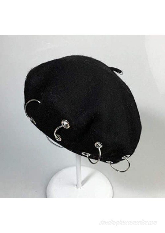 GK-O Vintage Handmade Wool Punk Iron Ring Beret Lolita Girls Painter Hat Black