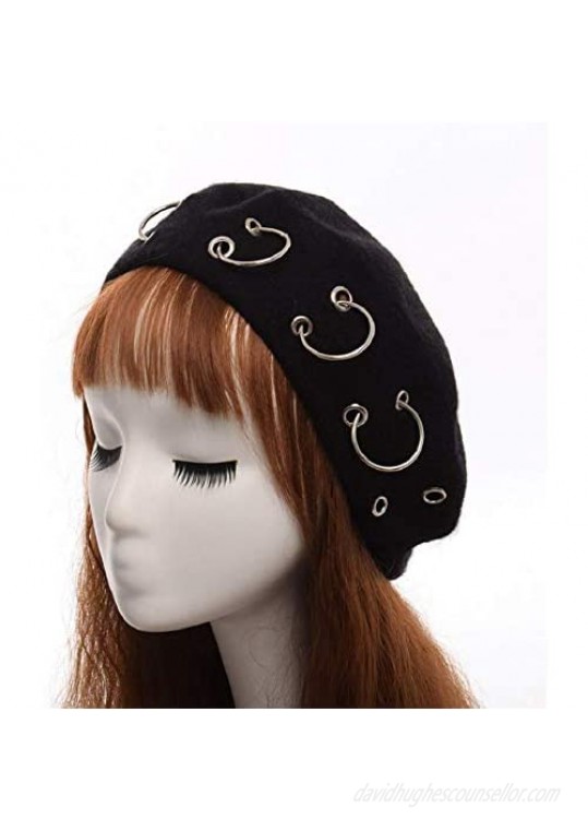 GK-O Vintage Handmade Wool Punk Iron Ring Beret Lolita Girls Painter Hat Black