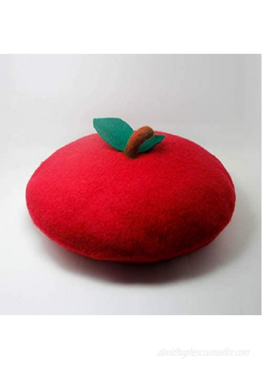 Handmade Cute Red Apple Beret Vintage Artist Painter Hat Women Wool Cap Warm Winter Love Gift