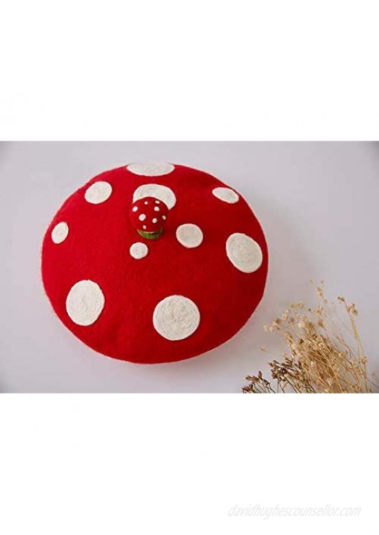 Handmade Kawaii Red Mushroom Beret Vintage Artist Painter Hat Women Wool Cap