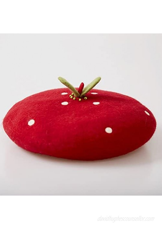 Handmade Kawaii Strawberry Beret Vintage Artist Painter Hat Women Wool Cap Warming Gift