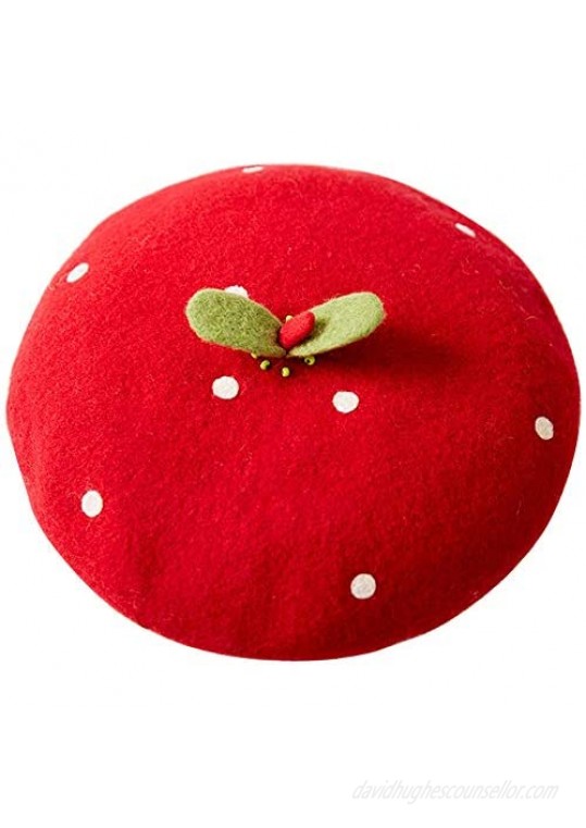 Handmade Kawaii Strawberry Beret Vintage Artist Painter Hat Women Wool Cap Warming Gift