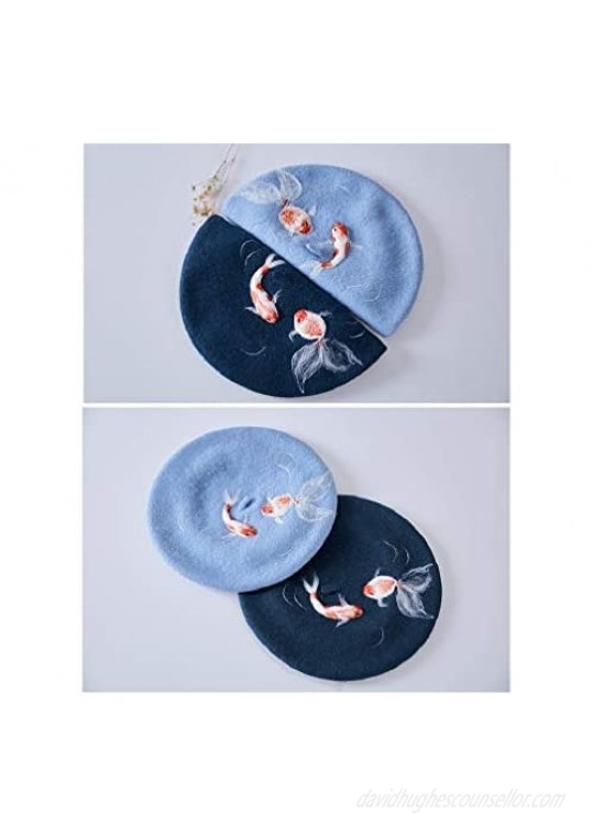 Handmade Luky Fish Beret Vintage Artist Painter Hat Women Wool Cap Koi Gift