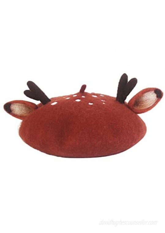 hearty lady Handmade Deer Antler Ear Beret Hat Vintage Painter Wool Cap Gift