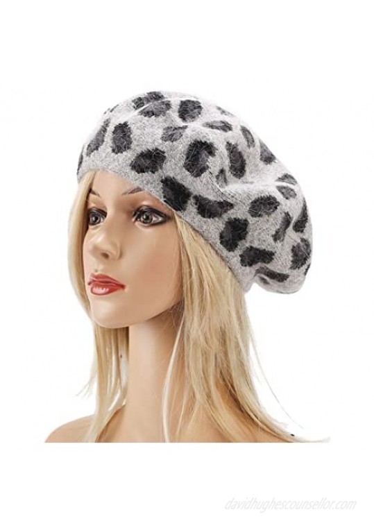 Joylife Leopard Print Beret Hat Knitted French Artist Hats Soft Winter Caps for Women