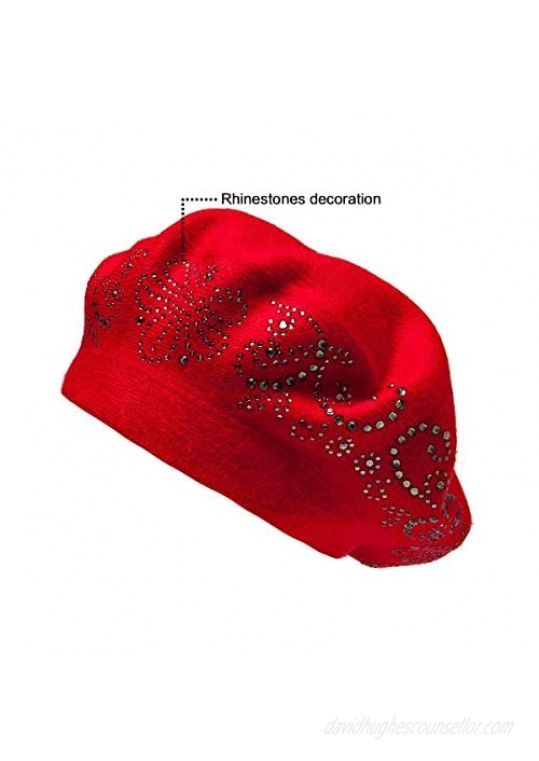 LADYBRO Rhinestone Beret Hats for Women 2 Layers Wool French Hat Lady Winter Black Red