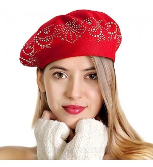 LADYBRO Rhinestone Beret Hats for Women 2 Layers Wool French Hat Lady Winter Black Red