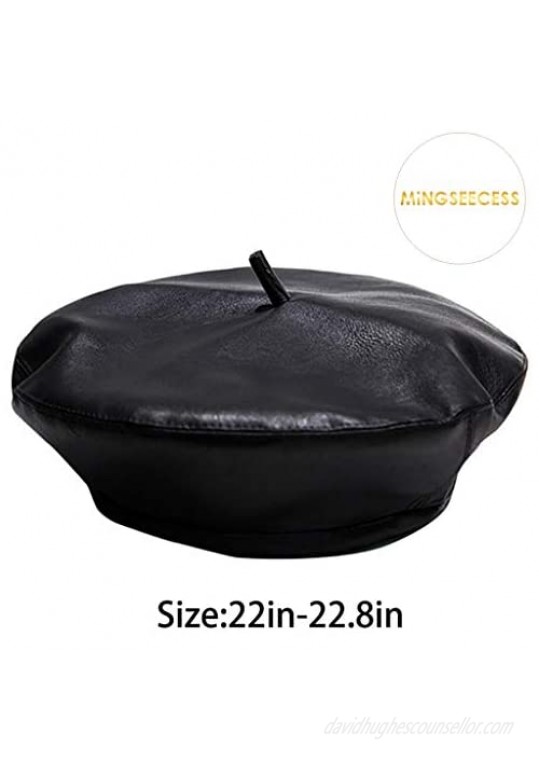 MINGSEECESS Women PU Leather French Black Beret Hat Causal Beanie Hat