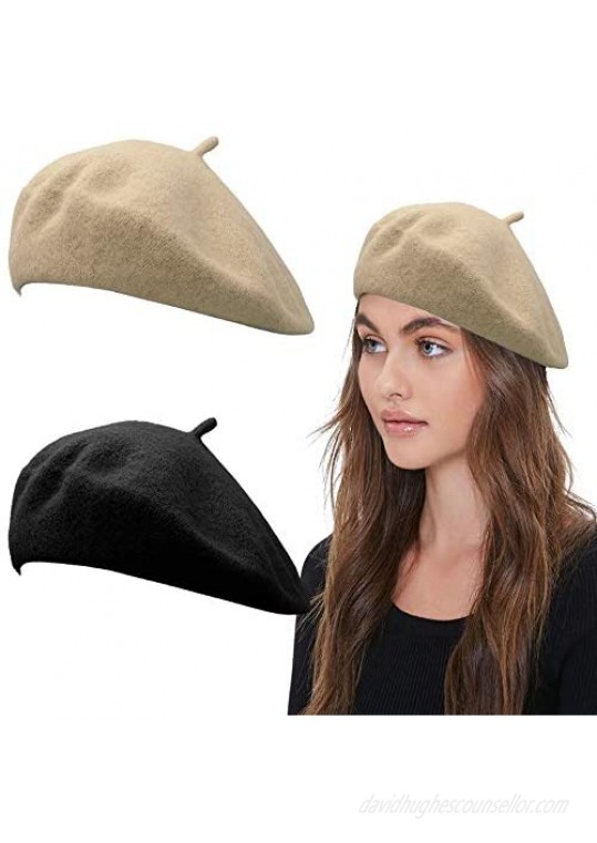 PODALOA Berets for Women  Solid Color Wool French Beret Hats for Women Ladies Girls 2PCS Set