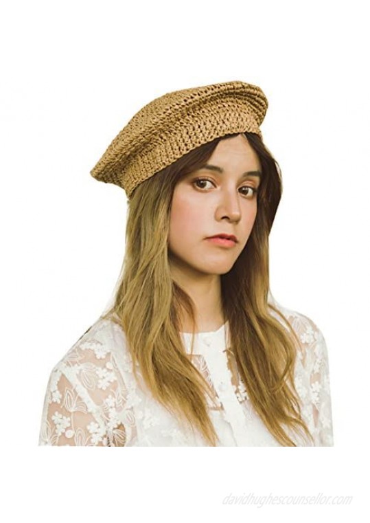 Straw Beret Solid Plain Flat Top Woven Berets French Style Painters Hat Cap