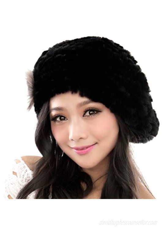 URSFUR Winter Women's Rex Rabbit Fur Beret Hats with Fur Flower