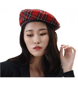 WITHMOONS Wool Beret Hat Tartan Check Leather Sweatband KR9539