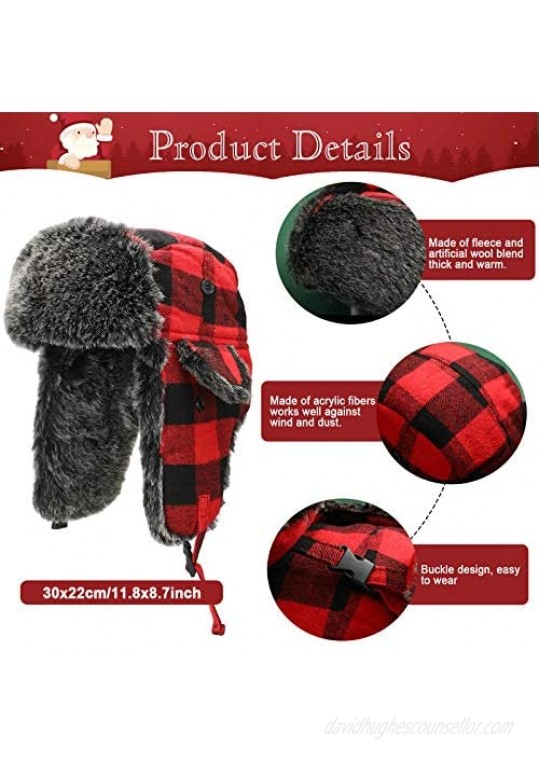 2 Pieces Unisex Plaid Winter Trooper Hat Earflap Hat Faux Fur Ushanka with Windproof Ear Flap Chin Strap for Men and Women