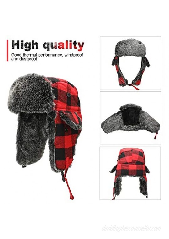 2 Pieces Unisex Plaid Winter Trooper Hat Earflap Hat Faux Fur Ushanka with Windproof Ear Flap Chin Strap for Men and Women