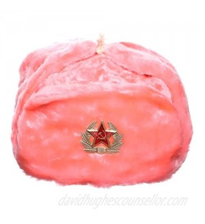 danila-souvenirs Russian/USSR Winter Pink Fur Ushanka Hat + Soviet Red Star Badge