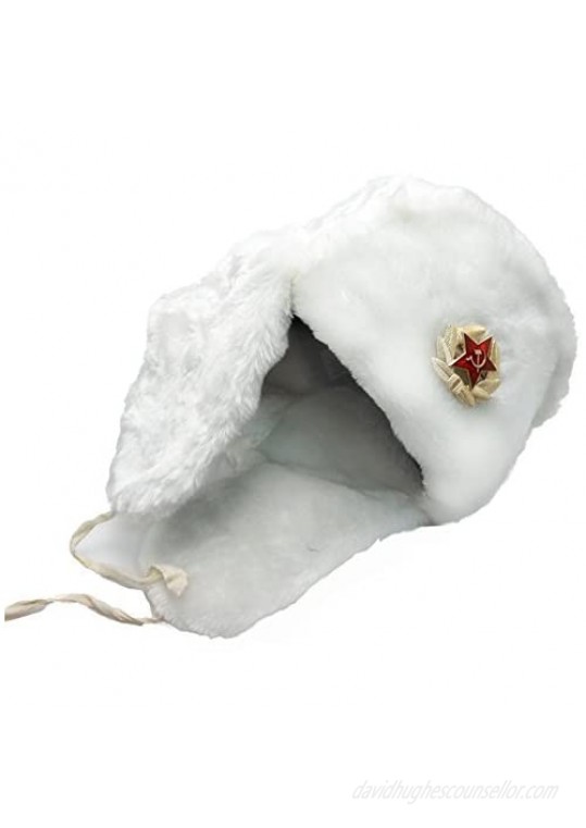 Fur Winter Ushanka Russian Hat with Secret Pocket and Red Star Emblem (Removable)