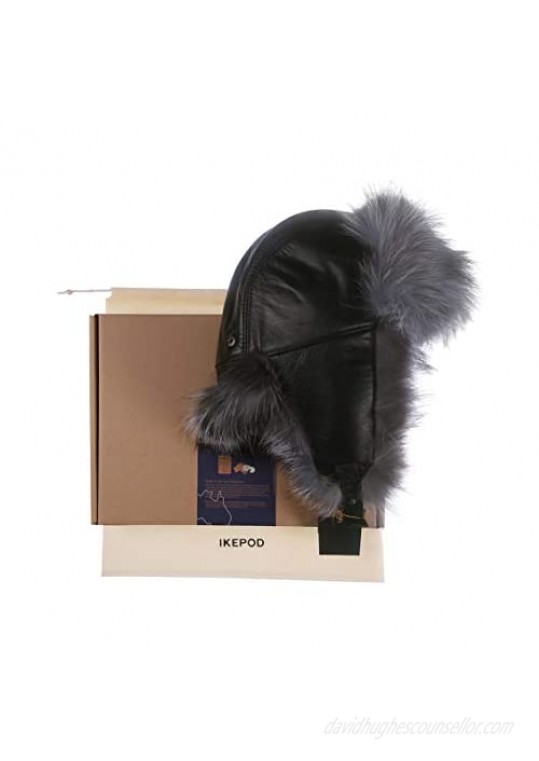 IKEPOD Sheep Leather Aviator Russian Winter Raccoon/Fox Fur Men Trapper Hat Cap