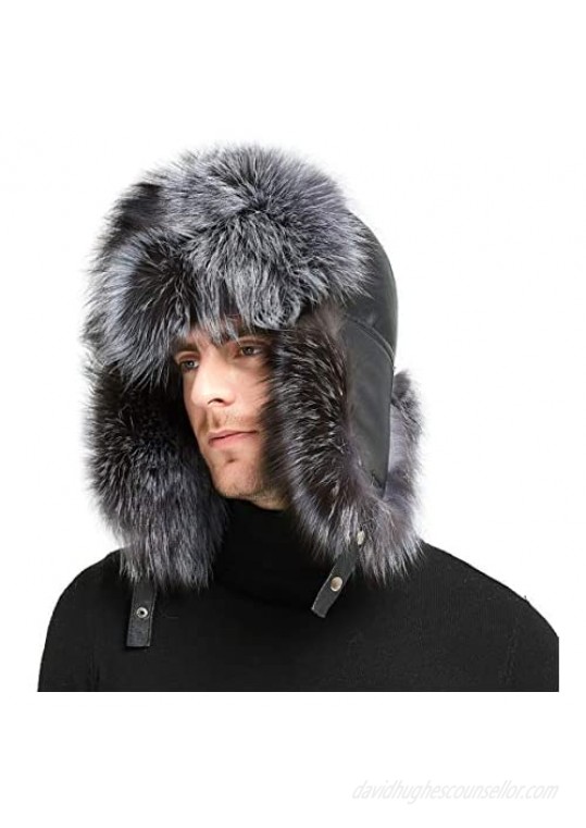 IKEPOD Sheep Leather Aviator Russian Winter Raccoon/Fox Fur Men Trapper Hat Cap